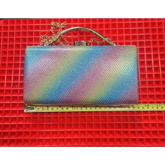 Rainbow Colored Rhinestone Clutch Purse Gold Tone Hardware - Picture 2 of 9